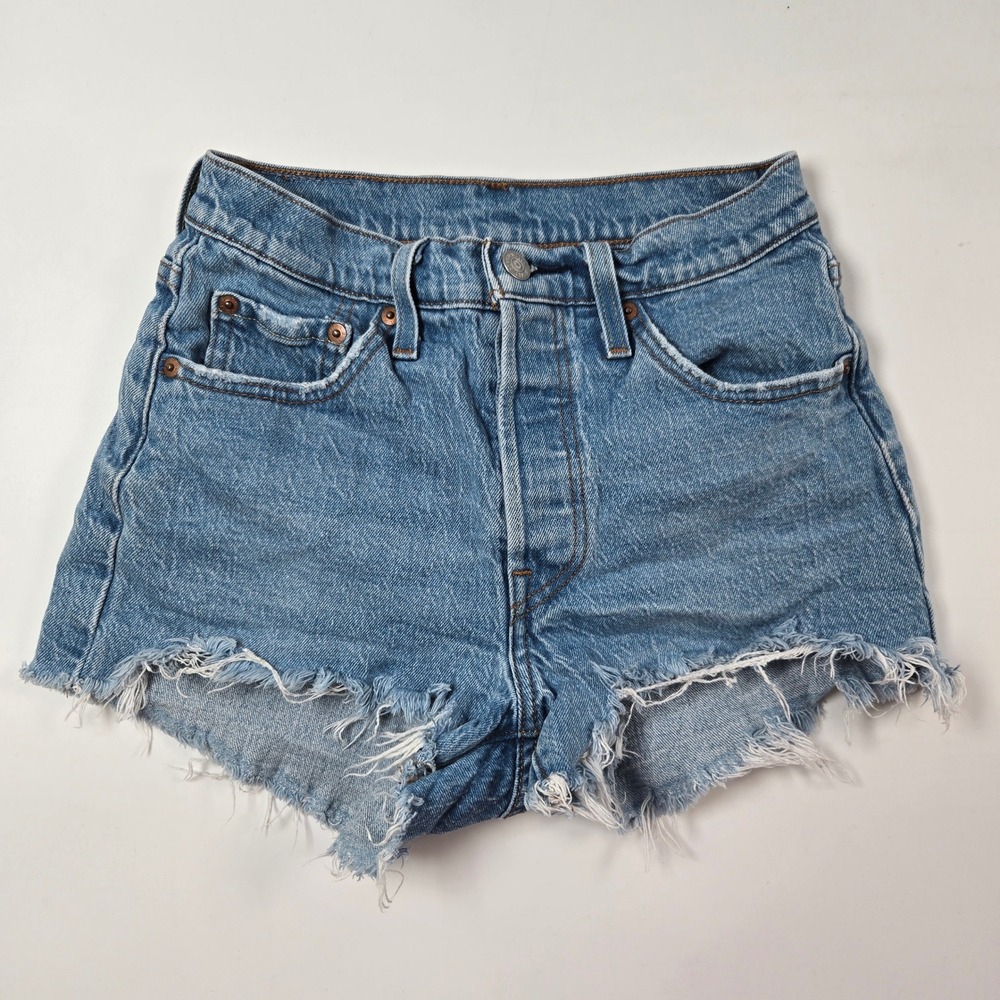 Levi's 501 Shorts Women 24 Blue Distressed High Rise Button Fly Denim Cutoffs